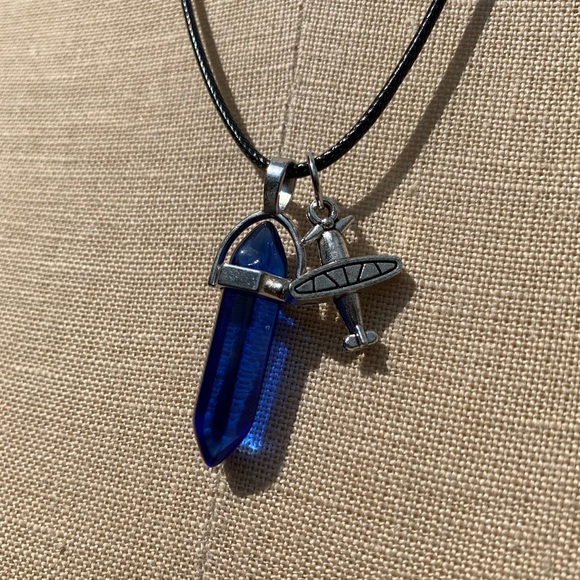 Handmade Cobalt Blue Resin Crystal Amulet Necklace & Airplane Charm - Picture 2 of 8